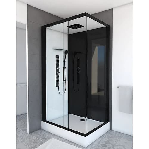 Aurlane DUALIDAD Mampara de ducha rectangular - Aluminio negro mate - Puerta corredera - Hidromasaje - 80 x 110 x 215 cm
