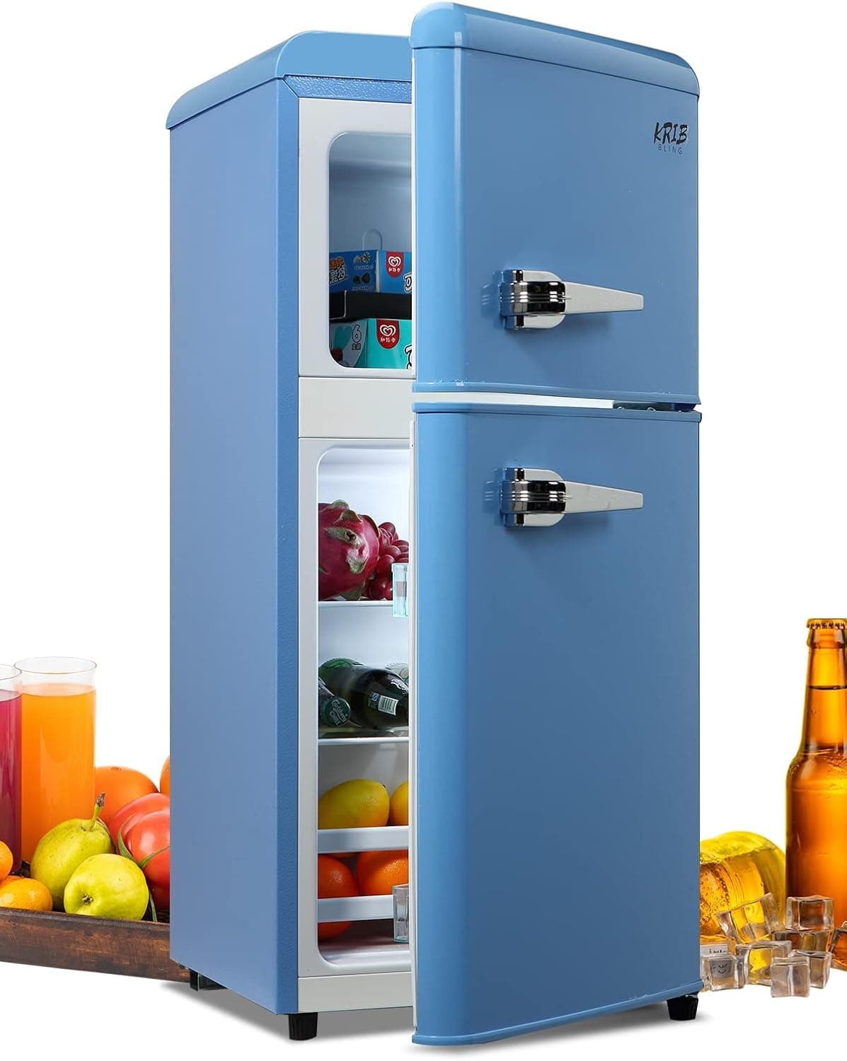 Mini refrigerador retro de 3.5 pies cúbicos con congelador, azul, 2 puertas | Elegante mini refrigerador azul retro con capacidad de 3.5 pies cúbicos