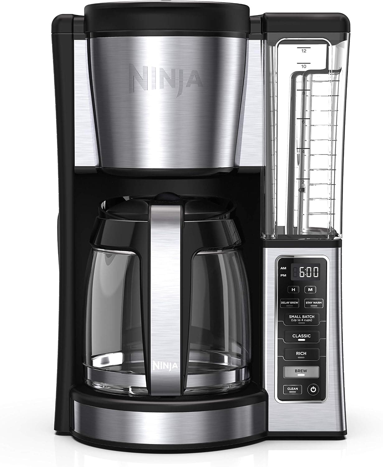 Ninja Cafetera programable de 12 tazas, 2 estilos de preparación, plato caliente ajustable, depósito de agua de 60 onzas, preparación retardada, negro/acero