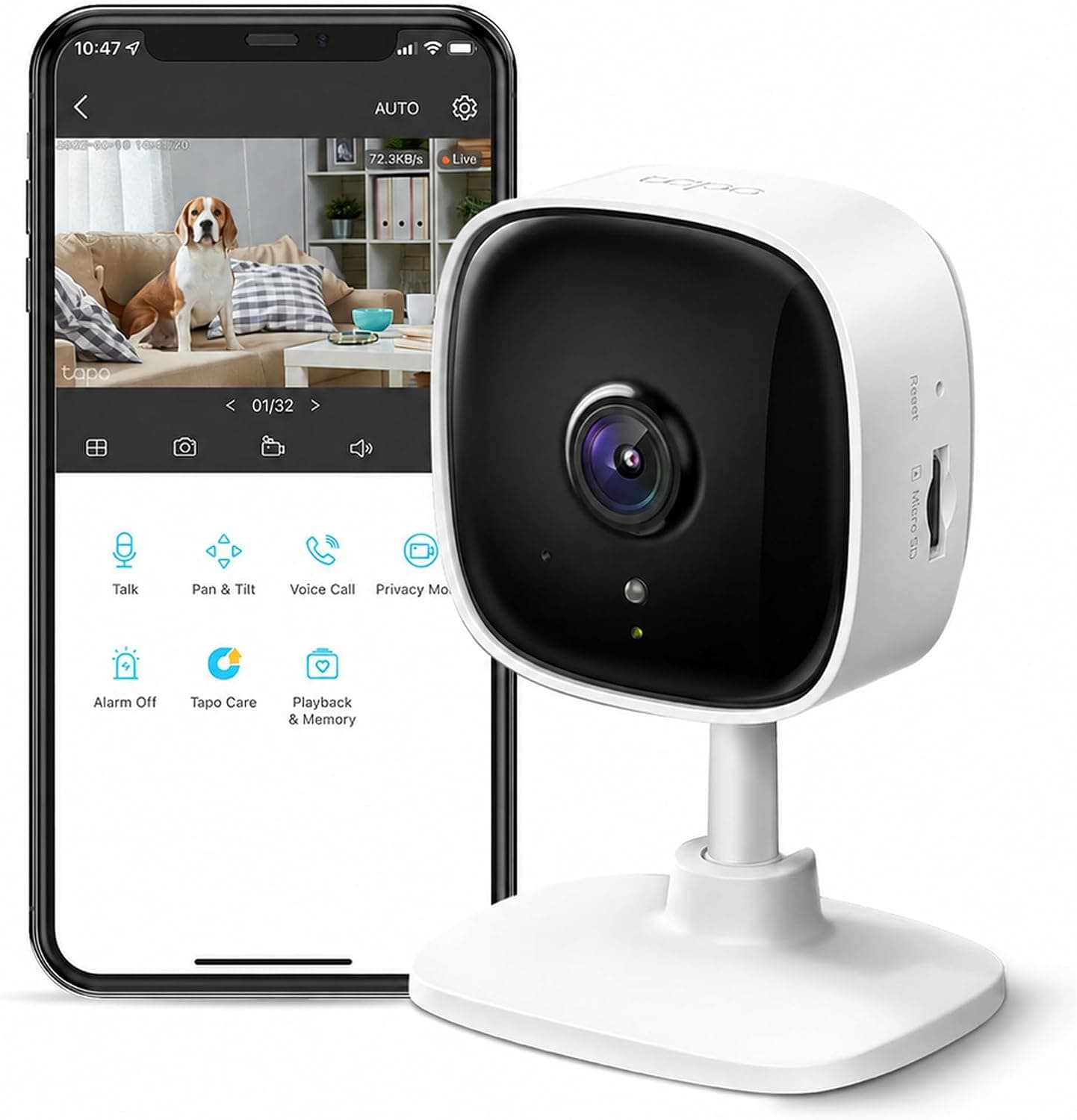 TP-Link Tapo - Cámara de seguridad interior de 1080P para monitor de bebé, cámara para perros con detección de movimiento, sirena de audio bidireccional